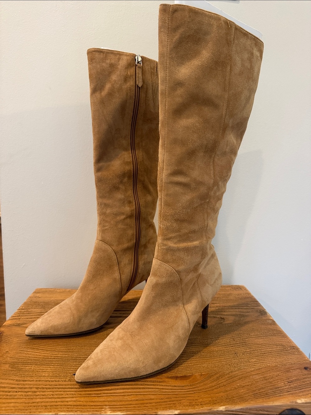 Paolo Tan Knee-High Pointed Toe Suede Boots, size 7.5